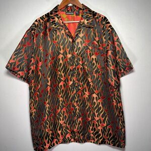 Y2K Flame Bowling Shirt Mens XL Black Red Satin Rayon Jacquard Odo Streetwear